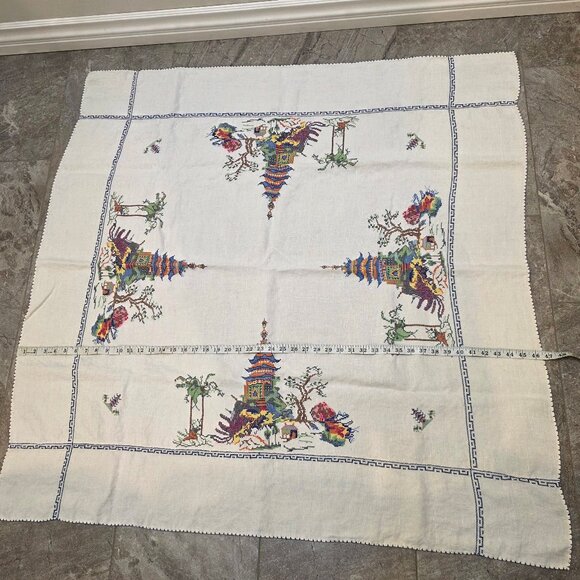Vintage Hand-Embroidered Cross Stitch Pagoda Garden Asian Tablecloth 46" Square - Picture 3 of 5